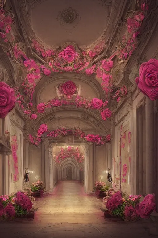 Image similar to Baroque style building full of roses, soft pastel neon lighting, highly detailed, photo realistic, volumetric lighting, cinematic