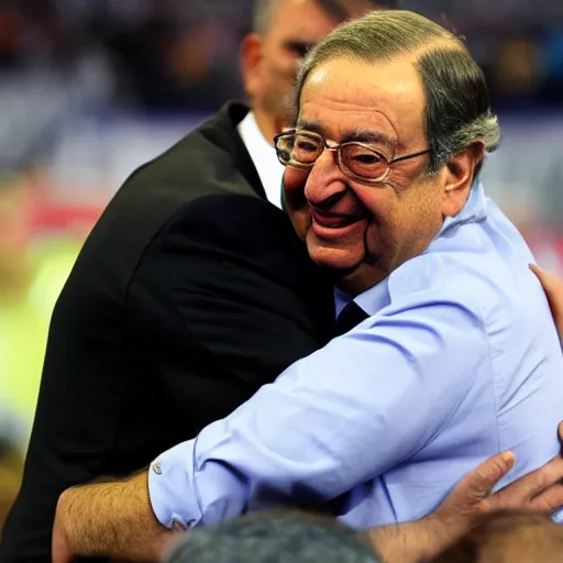 Prompt: florentino perez hugging a fax telephone