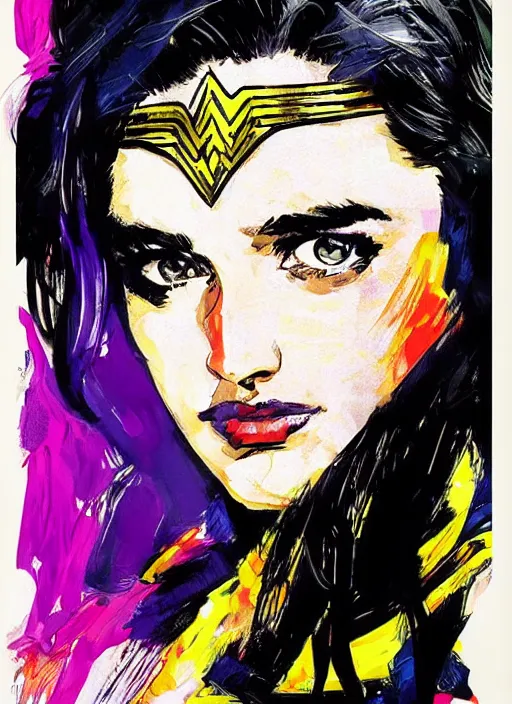 Prompt: portrait of katie mcgrath as wonder woman by ashley wood, yoji shinkawa, jamie hewlett, 6 0's french movie poster, french impressionism, vivid colors, palette knife and brush strokes