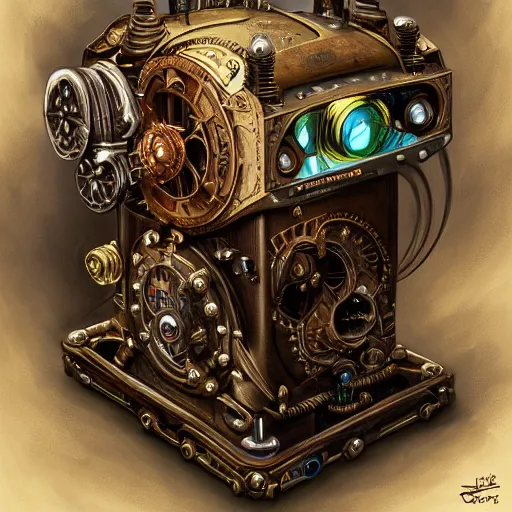 Image similar to low angle shot of a steampunk pc by clive barker, intricate, elegant, highly detailed, centered, digital painting, artstation, concept art, smooth, sharp focus, illustration, artgerm, Tomasz Alen Kopera, Peter Mohrbacher donato giancola, Joseph Christian Leyendecker, WLOP, Boris Vallejo.