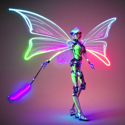 Image similar to A robotic fairy flying, neon, futuristic, intricate details, unreal engine , realistic