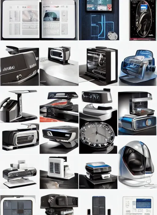 Image similar to electronics catalogue with hyper-detailed futuristic gadgets designed by Syd Mead, Jony Ive and Dieter Rams