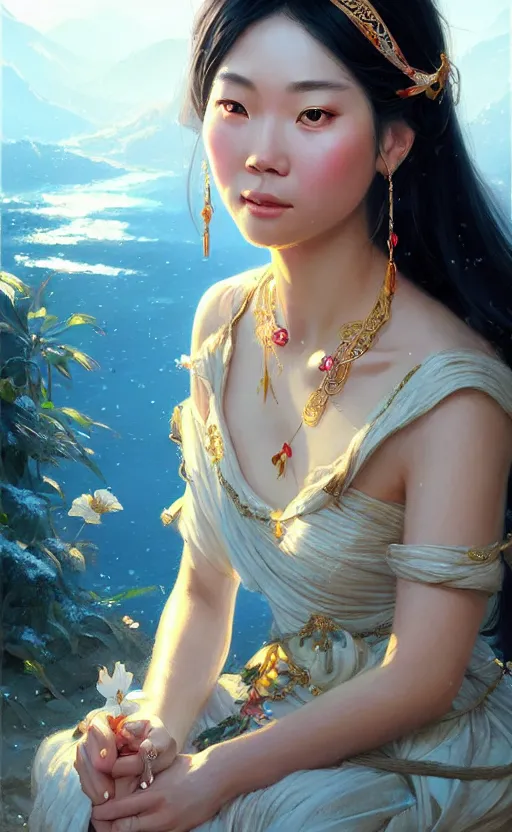 Image similar to a beautiful taiwan goddess with sundress with jewelry | | winter, realistic shaded, unpleasant face, good looking, fine details, realistic shaded lighting poster by greg rutkowski, magali villeneuve, artgerm, jeremy lipkin and michael garmash and macoto takahashi