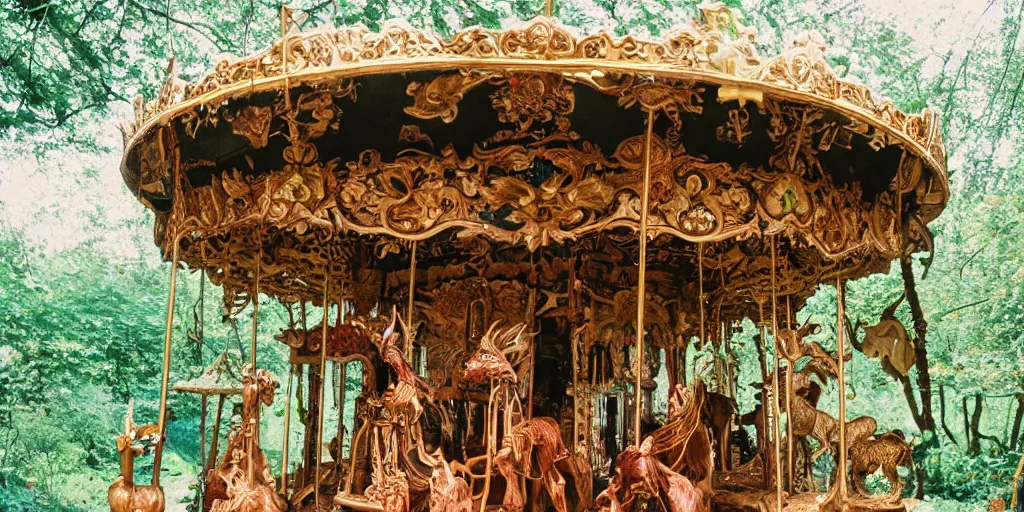 Image similar to an abandoned secret carousel with elaborately intricate carved wooden figures of animals, beachwood treehouse, discovered in a secret garden, hedgemaze, photo taken on fujifilm superia film, 3 5 mm