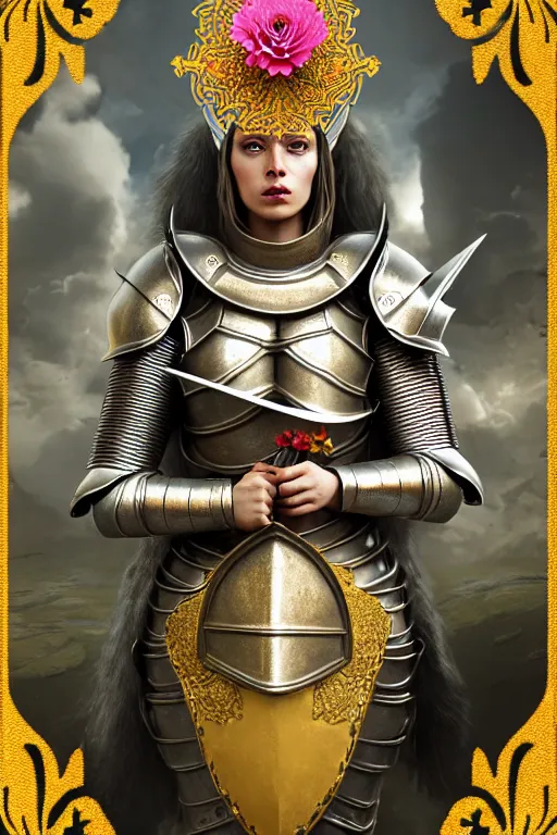 Image similar to hyperdetailed matte illustration of a female knight wearing an ornate gold headpiece and holding a flower with a map of the collective subconscious in the background by octane render