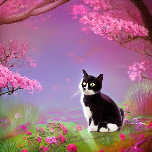 Image similar to photo of a cat in the blossoming garden, professional portfolio of a cat, trending on artstation, super detailed, everything in a beautiful light, stylishly designed background, fantasy art, photoshop