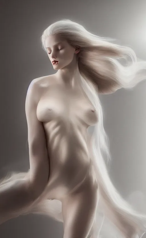 Image similar to full body Painting of a beautiful woman floating in the black sky, long blonde hair, delicate, pale milky white porcelain skin in long silky cloth, rendered in octane. 8K. Extremely detailed.