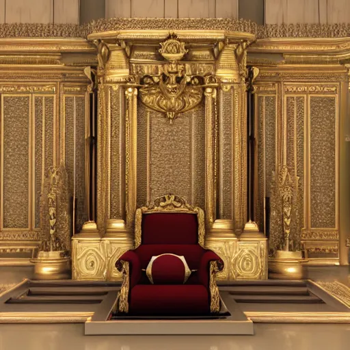 Image similar to photorealistic 3 d octane render of a gigantic royal palace throne room