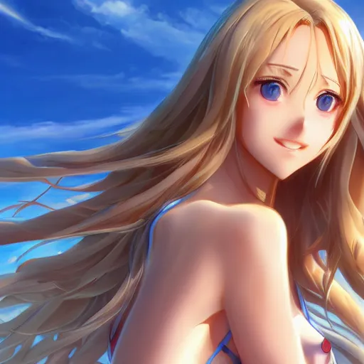 Image similar to a very beautiful mature yuuki asuna, full body, long wavy blond hair, sky blue eyes, full round face, bikini, miniskirt, front view, mid - shot, cute pose, highly detailed, cinematic wallpaper by stanley artgerm lau