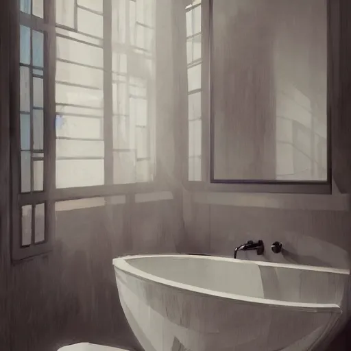 Image similar to bathroom design archi-viz Alla Prima Method , by Stanley Artgerm Lau, WLOP, Rossdraws, James Jean, Andrei Riabovitchevy, Marc Simonetti, and Sakimichan, trending on artstation