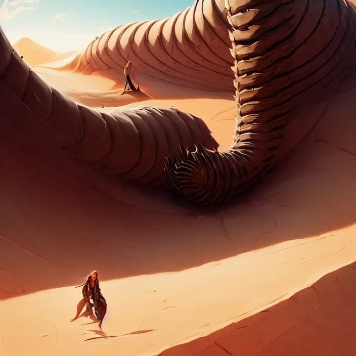 Image similar to style artgerm, joshua middleton, hubert robert, a giant sandworm creature in the desert, long sharp teeth, sand swirling, detailed, desert background setting, volumetric lighting