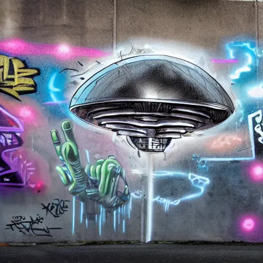 Image similar to alien spaceship, graffiti, from a distance, busy street, detailed, realistic, 4 k