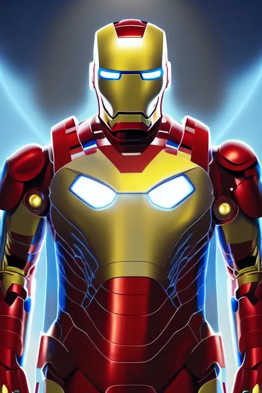 Image similar to Boris Johnson as Iron Man suite of armor, no helmet, visible face, portrait, neon heart reactor, gold and blue, highly detailed, digital painting, artstation, concept art, smooth, sharp focus, illustration, cinematic lighting, art by artgerm and greg rutkowski and alphonse mucha