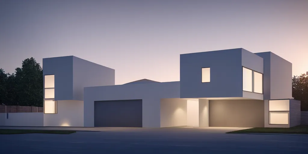 Prompt: A beautiful realistic architectural rendering of a modern minimalistic house with two floors and a small garage beside it with a mysterious glow emitting from inside by octane render and corona render