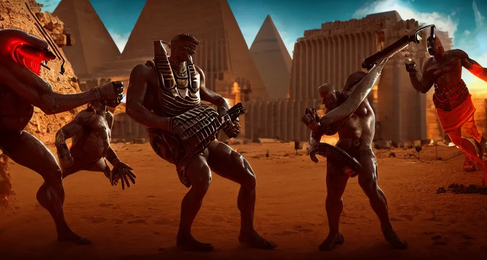 Prompt: Duke Nukem and Serious Sam teaming up to kill alien bastards back-to-back in ancient Egypt, 3D video game, octane render, depth of field, unreal engine 5, vibrant colors, trending on artstation, ultra high detail, ultra realistic, cinematic, focused, 8k