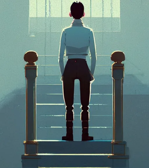 Image similar to a prince standing on the stairs to the throne by atey ghailan, by greg rutkowski, by greg tocchini, by james gilleard, by joe fenton, by kaethe butcher, dynamic lighting, gradient light blue, brown, blonde cream and white color scheme, grunge aesthetic