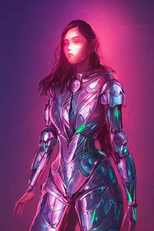 Prompt: bionic suit armor,, amethyst crystals in armor, beautiful ethereal vampire woman radiating a glowing aura global illumination ray tracing hdr fanart arstation by ian pesty and alena aenami artworks in 4 k