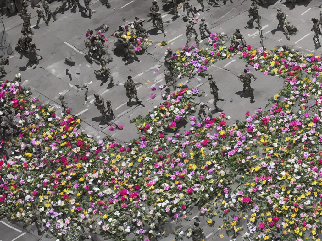 Image similar to military dictatorship with peace symbols, police state covered with flowers