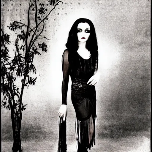 Prompt: young woman, angelica morticia addams, long black hair, short, flapper, vintage, creepy, beautiful, macabre