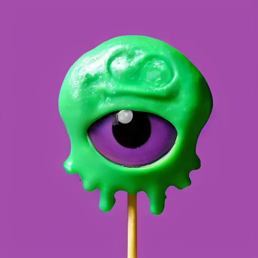 Prompt: one eyed purple alien eating a lollipop made of hardened green slime, it has antennas as ears, signal the camera to get his best side, varying angles, wide shot, golden hour