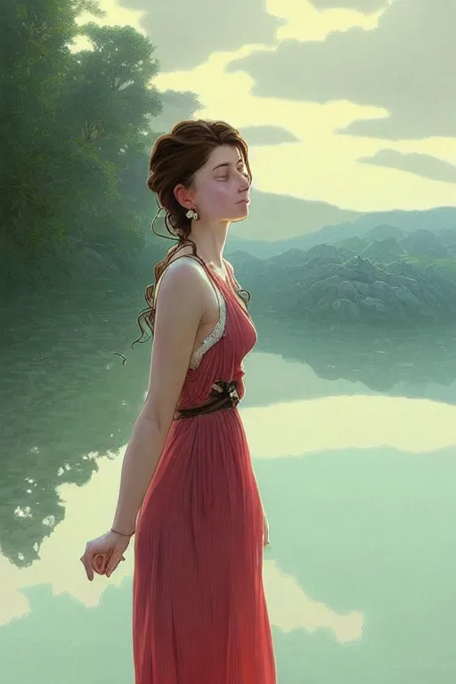 Prompt: portrait of a beautiful woman wearing a sundress at a lake, looking at camera, d & d, nice outfit, long hair, intricate, elegant, stylish, realistic, extremely detailed, digital painting, artstation, concept art, smooth, sharp focus, illustration, ambient lighting, art by artgerm and greg rutkowski and alphonse mucha and simon stalenhag