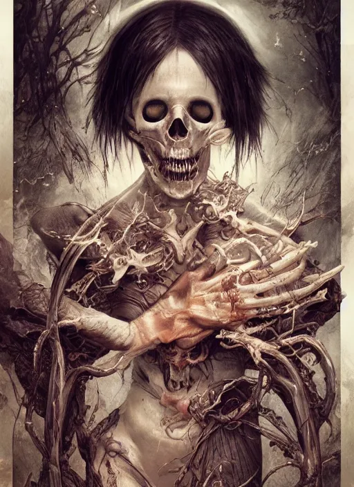 Image similar to white rabbit death tarot card, highly detailed, half skull face, cinematic, 8 k, by stanley artgermm, tom bagshaw, greg rutkowski, carne griffiths, ayami kojima, beksinski, giger, trending on deviantart, hyper detailed, horror, full of colour