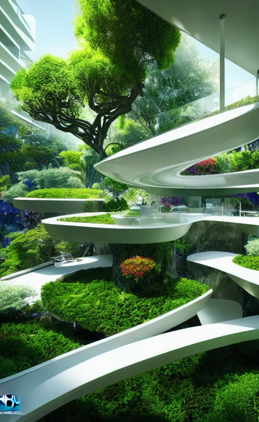 Prompt: futuristic sharp focus biophilic villa interior with garden, cinematic morning light, magnolia flowers ceramic porcelain stone nebula fluid colorful architecture landscape, highly detailed furniture, granite, trees, marble, moss, vincent callebaut composition, mamou - mani, cinematic morning light, 8 k, unreal engine, uhd