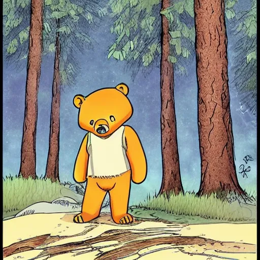 Image similar to a Finnish cartoon, about a bear who lives in the woods, anime style, Finnish cartoon