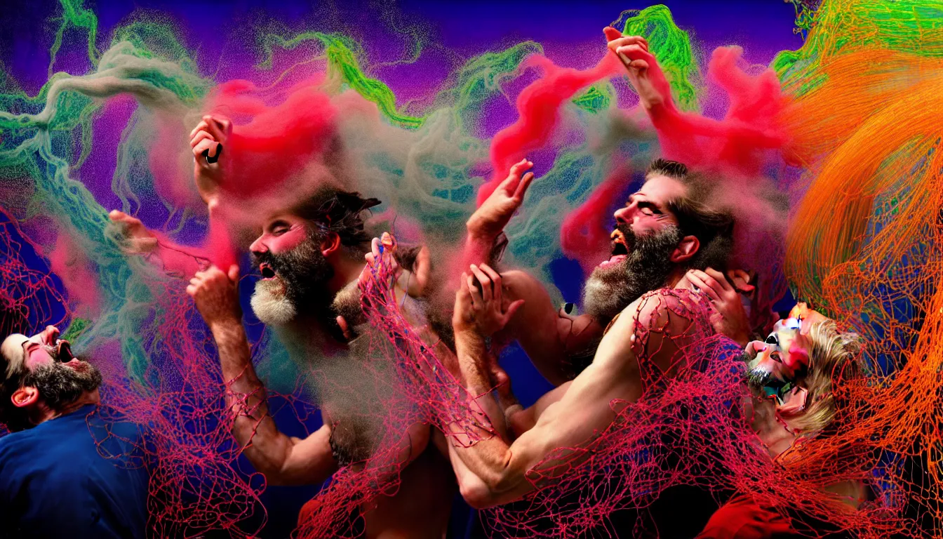 Prompt: in the style of Cam Kennedy , detailed entangled fibres ,volumetric lighting, twisting vapour, bellowing dust ,flowing shimmering fabrics, emerging hands and an ancient male bearded face , Hundreds of humans , emerging hands and beautiful women’s and men screaming laughing and crying face , full colour , upscale , 4k