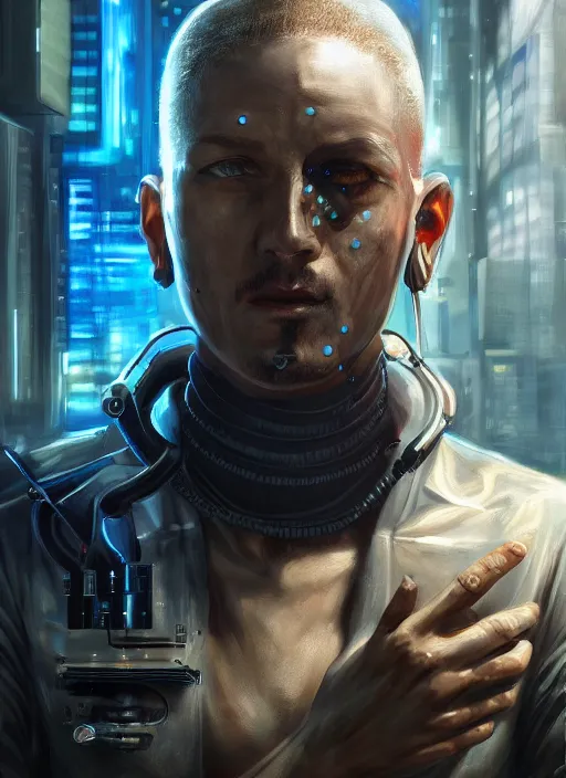 Prompt: portrait of a male threatening cyberpunk mercenary with cybernetic implants ( futuristic transhuman cyborg ), detailed realism face in painting, detailed beautiful portrait, oil painting masterpiece, cyberpunk art, 8 k resolution, smooth, sharp focus, trending on artstation, by rembrandt