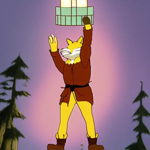 Prompt: a fox humanoid anime character carrying a candle in his hands, the forest, by studio ghibli