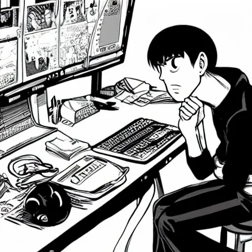 Prompt: portrait of bored saitama sitting in front of a computer by yusuke murata and mcbess