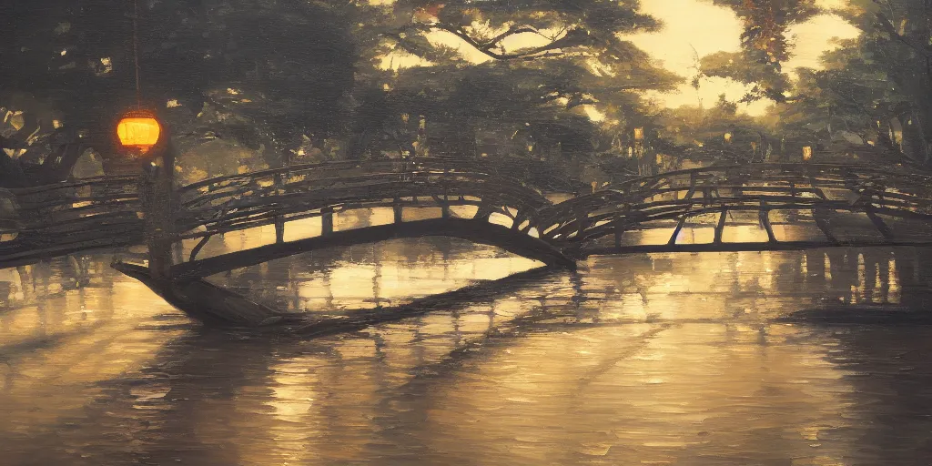 Prompt: Japanese footbridge, cinematic lighting, detailed oil painting, hyperrealistic, 8k