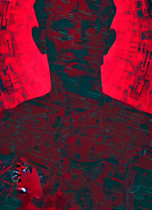 Image similar to black background with subtle red and purple design elements, statue of julius caesar, nekro, collage art, thin lines, dark, glitch art, neo vaporwave, gritty, layout frame, trending on artstation