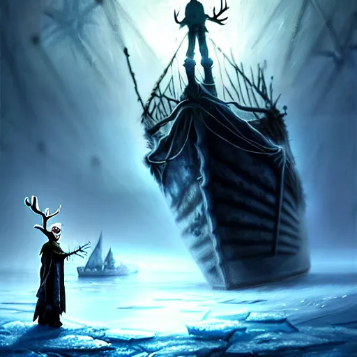 Image similar to a frozen zombie man with a crown, eyes are glowing, broken sailing ship boat in the background, is at dawn and bluish, fantasy, intricate, elegant, highly detailed, digital painting, artstation, concept art, matte, sharp focus, illustration, art by aenaluck and roberto ferri and greg rutkowski, epic