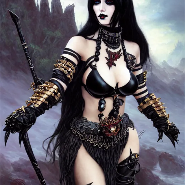 Image similar to portrait of beautiful goth girl cosplay with black hair in warhammer armor, black makeup, string bikini, few tattoos, art by stanley lau and artgem and wlop and magali villeneuve and karol bak and francois boucher and gennady ulybin and valery budanov and gustave boulangerie