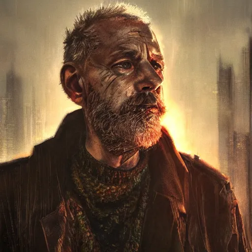 Image similar to cyberpunk, closeup portrait of a shaggy old cyberpunk fence, bald, tired eyes, tattered tweed jacket, dramatic light, city background, sunset, dystopian setting, high contrast, sharp, neuromancer, the finn, painted by stanley lau, painted by greg rutkowski, painted by stanley artgerm, digital art, trending on artstation