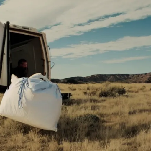 Prompt: film still of walter white carrying a bodybag into an old rv on the tv show breaking bad, cinematic, 4k