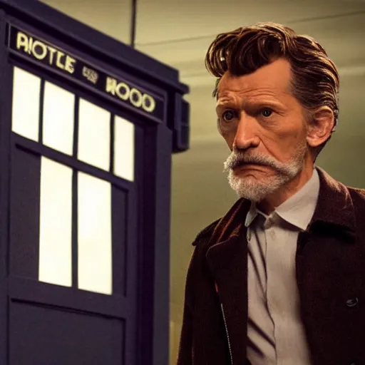 Image similar to tom holland as a rough dirty old man with a scruffy beard in a dark blue trenchcoat as the new doctor who, cinematic, volumetric lighting, f 8 aperture, cinematic eastman 5 3 8 4 film, photorealistic