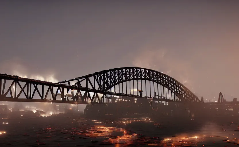 Image similar to a big harbour bridge is destroyed by explosions in the form of white cotton plants, 3 d octane render, epic lighting, 8 k, by goro fujita