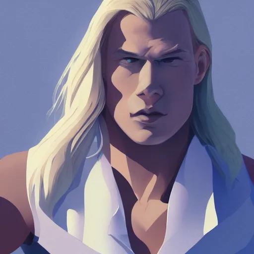 Prompt: portrait of the immensely towering male model Lucius Bjornsson with beautiful long pale blond hair, albino white pale skin, posing for a photoshoot in the golden hour, black tank top, broad shoulders and huge thick arms, ambient lighting, 4k, anime key visual, lois van baarle, ilya kuvshinov, rossdraws, artstation