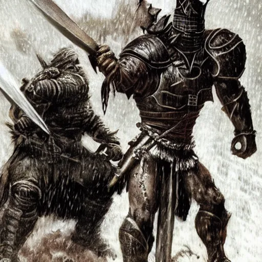 Prompt: knight fighting orc insanely detailed in photorrealistic detail with rain in the style of frank frazetta