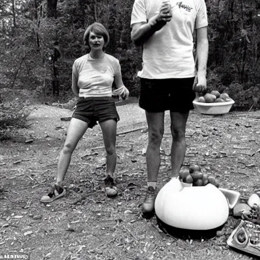 Prompt: anthropomorphic tomatoes on a camping trip, 1 9 8 0 s photo