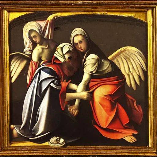 Image similar to 1 7 th century biblical painting of 3 women mourning at the tomb of jesus, 2 angels, style of caravaggio,