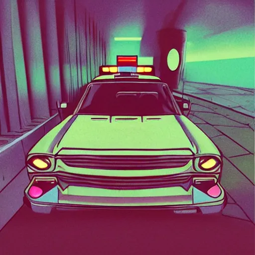 Prompt: lofi vaporwave retro futurism album artwork underground unknown sitting in the back of a police car