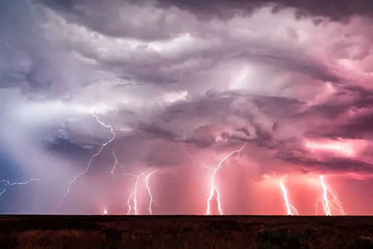 Image similar to a photograph of a tornado tornado tornado, thunderstorm supercell, lightning bolts, illuminated from various angles by setting sun light, cinematic, dramatic lighting, clouds mystic hue