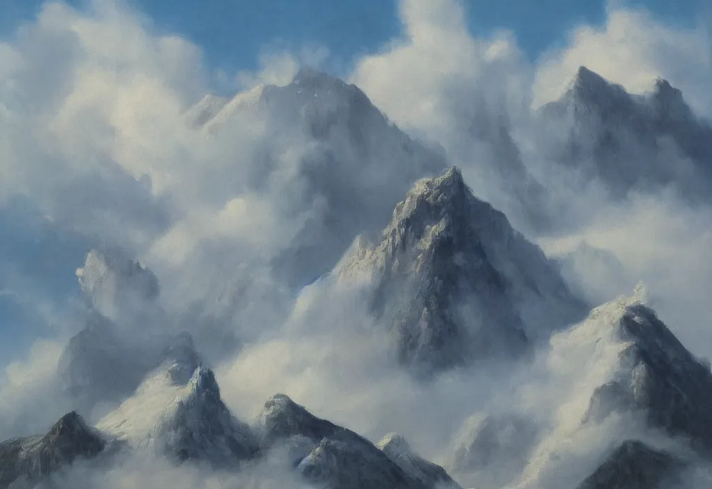 Image similar to fantasy painting of a mountain reaching above the clouds, highly detailed,