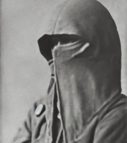 Prompt: a man distance wearing hooded mask covering his entire face, ww1 film photo, full body portrait at distance, grainy, high detail, high resolution