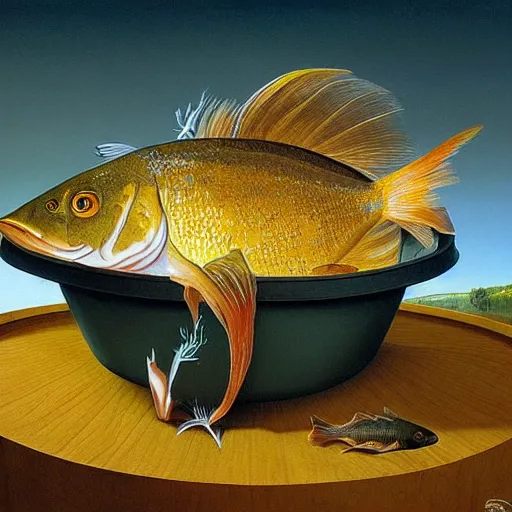 Image similar to a fish on the top of a pile of fish, inside a cooking pot, side view, by vladimir kush, dystopian aer, rococo