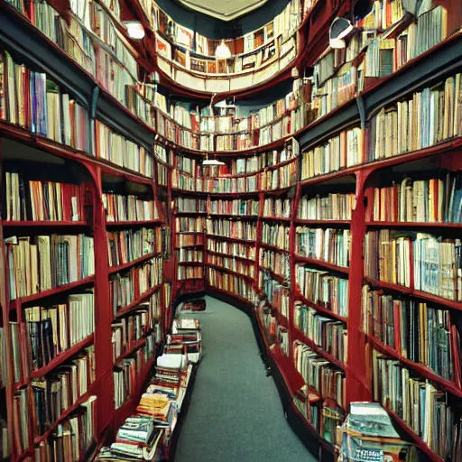 Image similar to a multistory bookshop, 85mm dslr photo by Malcolm Morley, featured on cg society, arts and crafts movement, national geographic photo, streetscape, atmospheric, early evening, cloudy